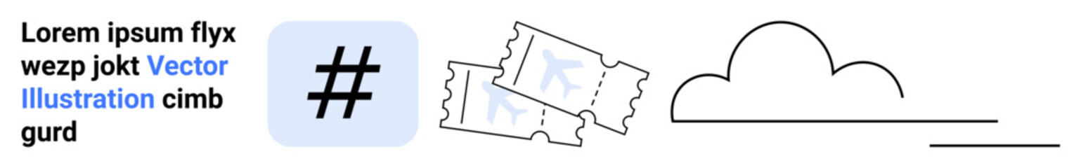 Obraz premium metadata tag in blue box, two perforated tickets, and minimalistic cloud icon. Ideal for social media, ticketing, digital services, web interface, modern design, minimal branding simple landing page