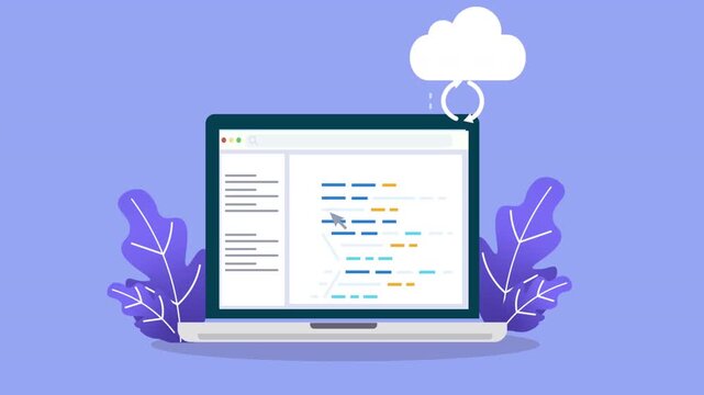 Laptop displaying programming interface connected to cloud synchronization, representing code sharing, software development workflow, and digital technology.
