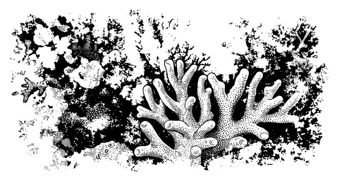 Detailed hand drawn illustration of underwater coral reefs in a vintage scientific stipple style
