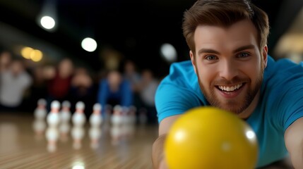 professional bowler in mid-throw, focusing intensely on the pins, with the shiny wooden lane