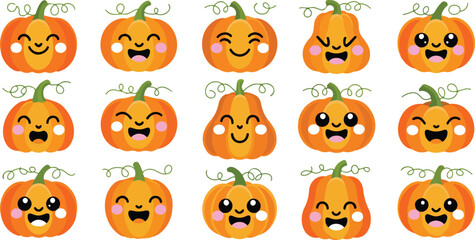 Fototapeta premium Cute Kawaii Pumpkin Faces Vector Set Funny Expressions for Halloween & Autumn