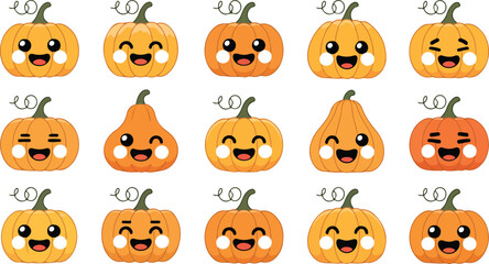 Fototapeta premium Cute Kawaii Pumpkin Faces Vector Set Funny Expressions for Halloween & Autumn