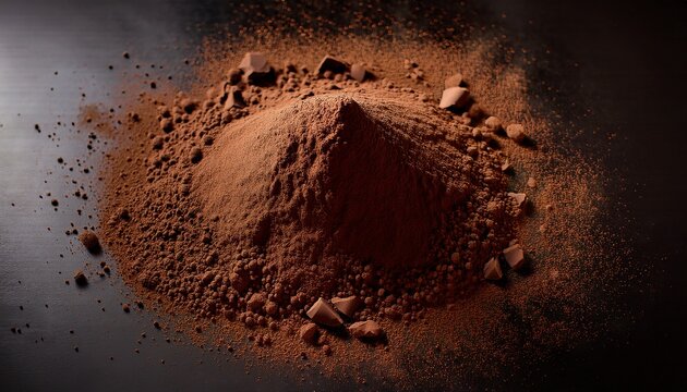 dark brown powder pile top down view scattered particles surround the central mound