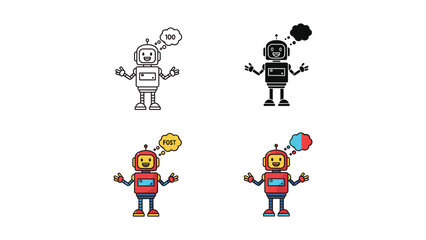 Fototapeta premium Robot with outstretched arms and 'FOST' message in four styles: outline, silhouette, red, and blue
