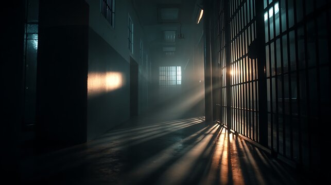 Dark prison corridor with bars and sunlight streaming through