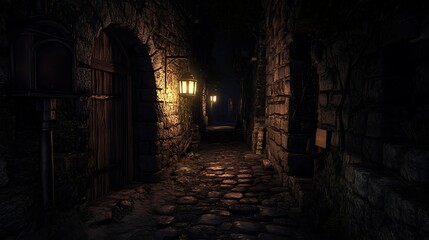 Obraz premium Narrow medieval cobblestone alleyway illuminated by warm antique lanterns creating a dramatically dark, mysterious, and atmospheric fantasy adventure setting