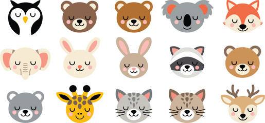 Obraz premium Cute Animal Face Vector Set Owl, Bear, Koala, Fox, Rabbit, Giraffe & Deer