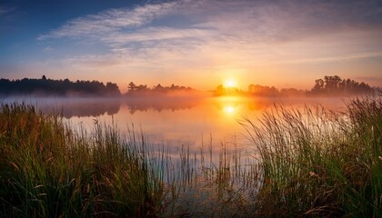 Obraz premium vibrant sunrise over a serene misty lake with reeds in the foreground and a beautiful reflection of the pastel sky and sun on the calm water