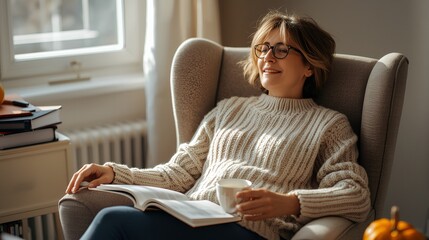 Obraz premium Happy middle-aged woman relaxing in a cozy armchair with a book and coffee