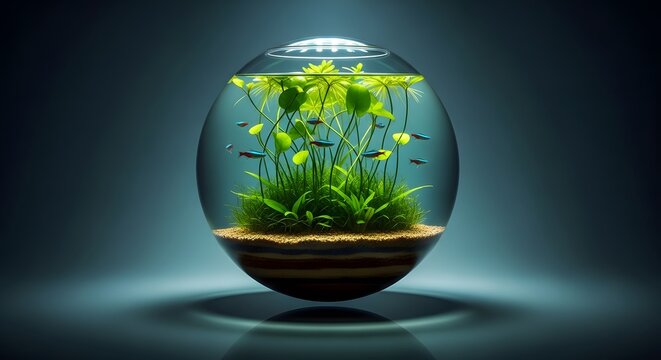 A vibrant, self-sustaining nano aquarium or aquascape in a spherical glass bowl. Miniature fish swim among lush green aquat.