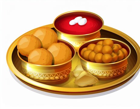 navratri halwa poori and barfi prasad in brass thali