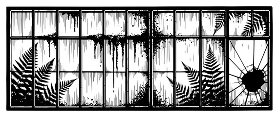 Old abandoned window frames with overgrown ferns and broken glass in distressed hand drawn style © Katarzyna