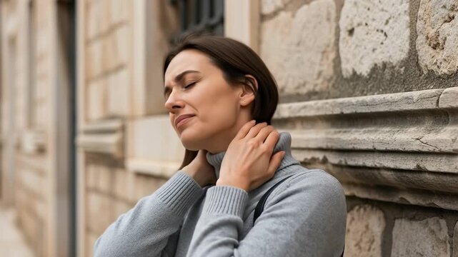 Woman relieves neck tension outdoors with stretching against stone wall