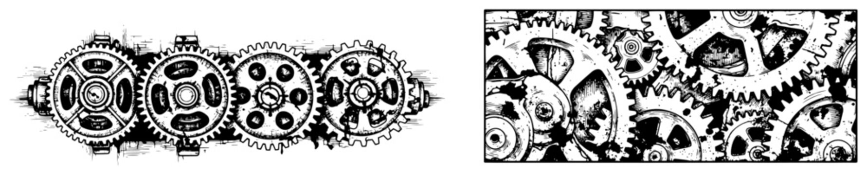 Vintage steampunk gears and mechanical cogs collection in detailed hand drawn technical sketch style