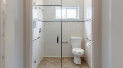 Modern bathroom with walk-in shower and toilet in a spacious layout
