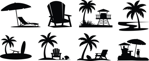 Black silhouette of beach scenes with palm trees chairs umbrellas and lifeguard stands © Asad Creative