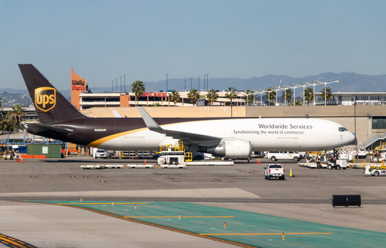 A UPS Boeing 767 cargo aircraft parked at cargo facility at Los Angeles International Airport (LAX) - Los Angeles, California, USA