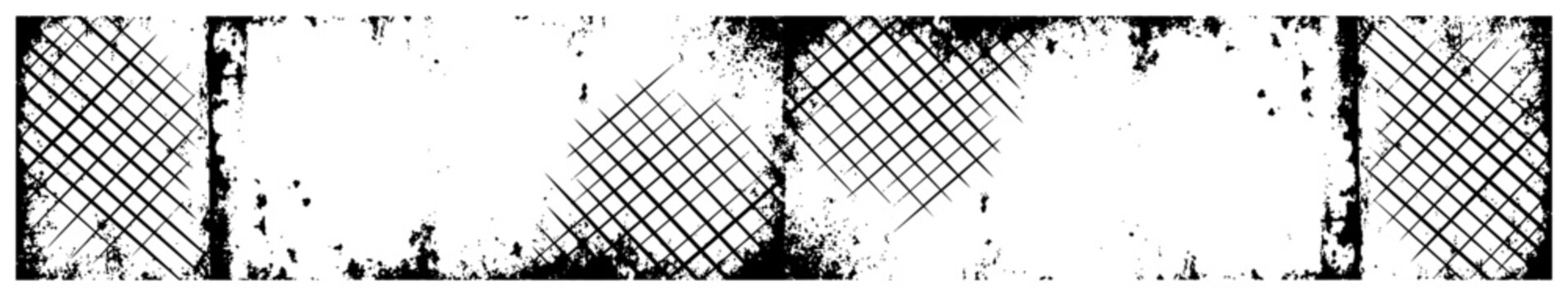 Abstract horizontal banner with geometric blocks and cross hatched textures in grunge style