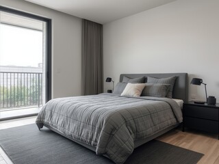 Modern bedroom with a large window and a balcony view