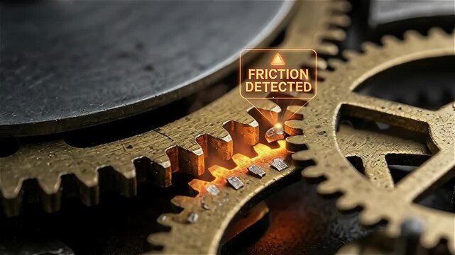 Friction detected on metal gear teeth glowing orange from heat close up showing mechanical wear damage and warning signs of gear friction