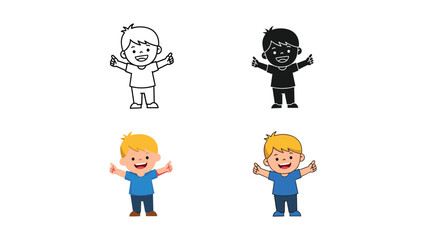 Naklejka premium Happy Boy Giving Thumbs Up Icons: Outline, Silhouette, and Colorful Variations