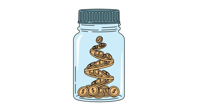 Clear glass jar with a metal lid is filled with a spiral of gold coins representing savings, investment, and financial growth.
