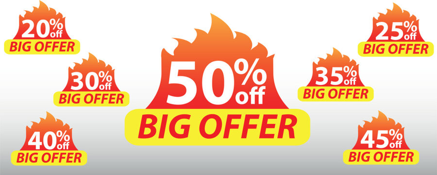Set of burning fire flame big offer discount element stickers with percentage tags from 20% to 50% off for hot retail sales and promotions