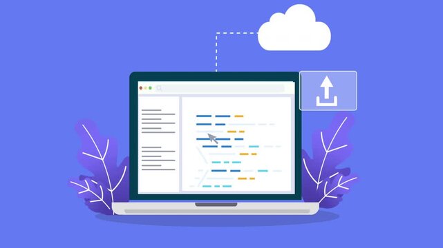 Laptop displaying programming interface connected to cloud upload process, representing code backup, software development workflow, and digital technology.
