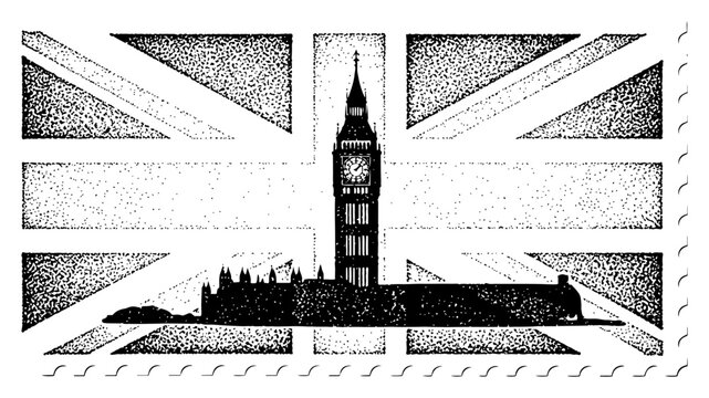 Vintage stippled engraving of Big Ben and London skyline with Union Jack flag background