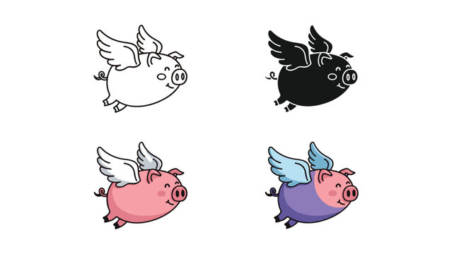 Flying Pig Icons with Wings: Outline, Silhouette, and Color Options for Impossible Dreams and Fantasy Concepts
