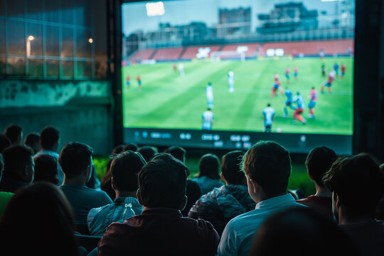 A group of people are watching a soccer game on a large screen. soccer, football