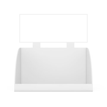 Empty White Countertop Display Stand with Blank Signboard Isolated on White Background 3D Render