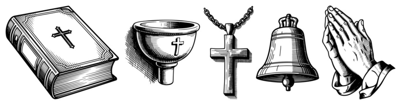 Collection of vintage religious items featuring holy bible and praying hands in woodcut style