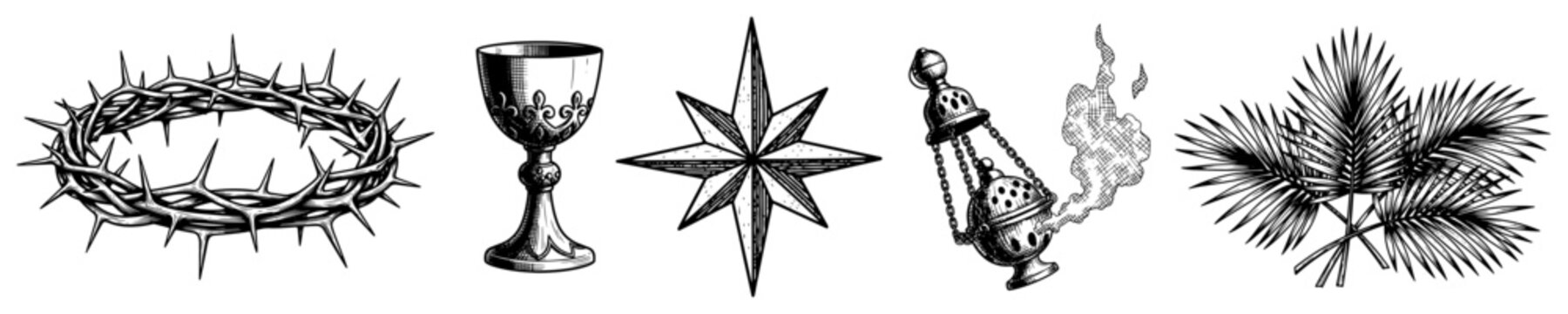 Set of vintage Christian religious symbols including crown of thorns and chalice in engraving style