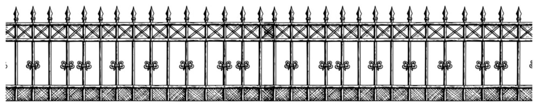 Vintage decorative wrought iron fence border with ornate details in engraved style