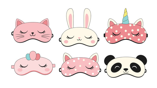 Set of six cute animal-themed sleeping masks including panda rabbit and unicorn designs for relaxation and comfort.