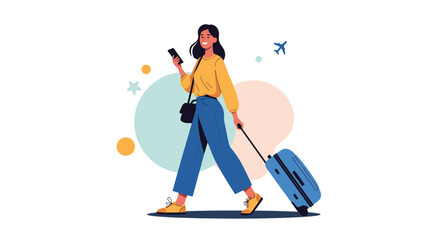 Fototapeta premium Happy young woman traveling while pulling a blue suitcase and checking her smartphone against a soft background.