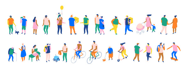 Obraz na płótnie Canvas Panoramic isometric banner of urban life: diverse people walking, cycling, deliveries, yoga, sports, families, pets, kids, and social connections. Modern flat vector scene.