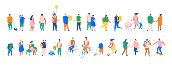 Fotobehang Restaurant Panoramic isometric banner of urban life: diverse people walking, cycling, deliveries, yoga, sports, families, pets, kids, and social connections. Modern flat vector scene.  © Oksana_Latysheva