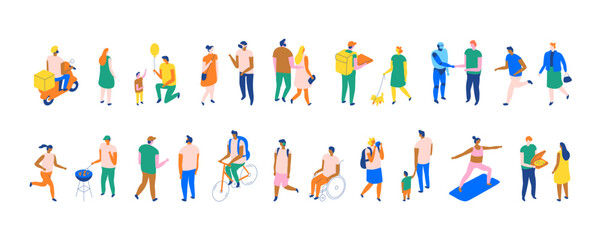 Naklejka na ściany i meble Wide panoramic isometric banner of city people in daily life: walking, cycling, delivery, fitness, yoga, shopping, teamwork, and modern social lifestyle.