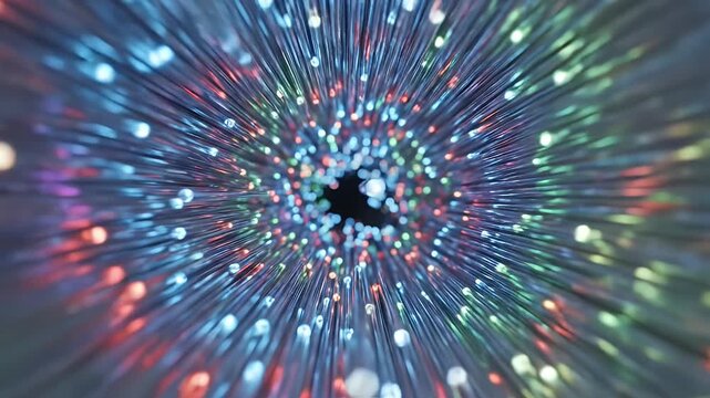 Fiber Optic Cable Data Transmission - A macro shot shows the inside of a fiber optic cable with data flashing in red, blue, and green. The light and blurred focus create an abstract effect.