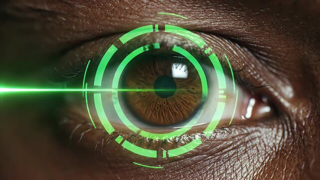 High-Tech Iris Scan Animation with Digital Overlay - A detailed macro view of a human eye is enhanced with a digital, futuristic interface overlay, depicting an iris scan in progress.