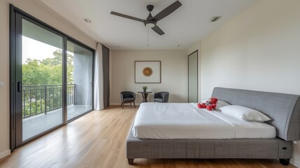 Modern bedroom with balcony view and contemporary ceiling fan