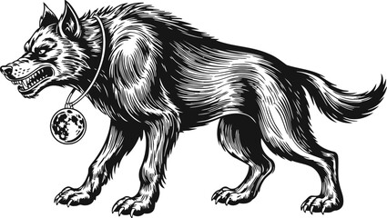 Obraz premium fierce wolf with detailed fur snarling and growling, wearing a pendant collar
