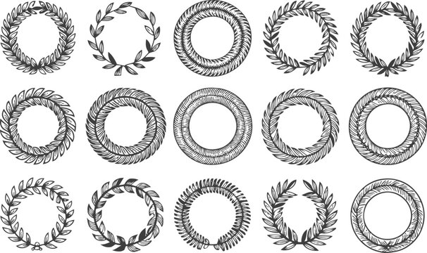 Set of 15 elegant black and white laurel wreaths, hand drawn decorative circular frames, vintage botanical design elements