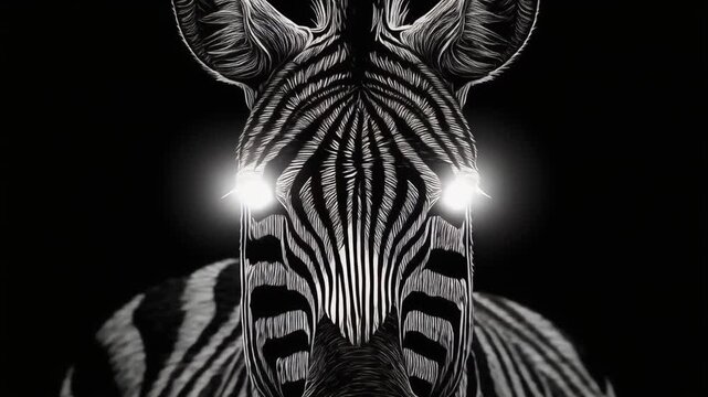 A striking grayscale illustration of a zebra's head, glowing eyes on a stark black background