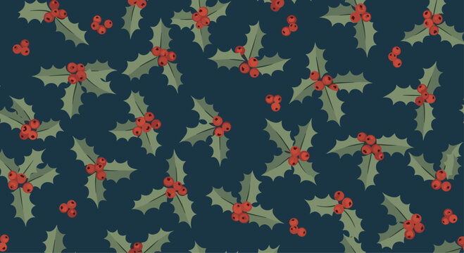 Traditional christmas seamless pattern of dark green holly leaves and bright red winter berries on a dark navy blue seasonal holiday background.