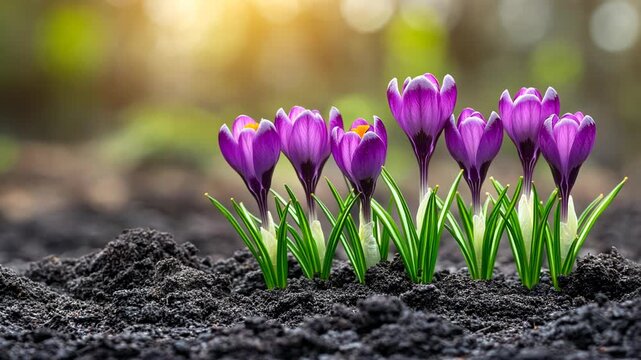 Close-up of vibrant purple crocuses emerging from dark soil, with blurred background