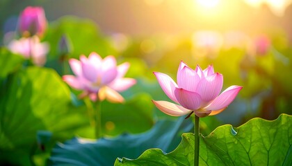 Obraz premium Pink lotus flowers blossom amidst lush green leaves, bathed in golden sunlight, creating a serene and natural scene