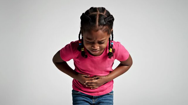 african american girl holding her stomach in pain. child patient suffering from ache, cramps or indigestion. healthcare, pediatric medicine. medical concept, health 